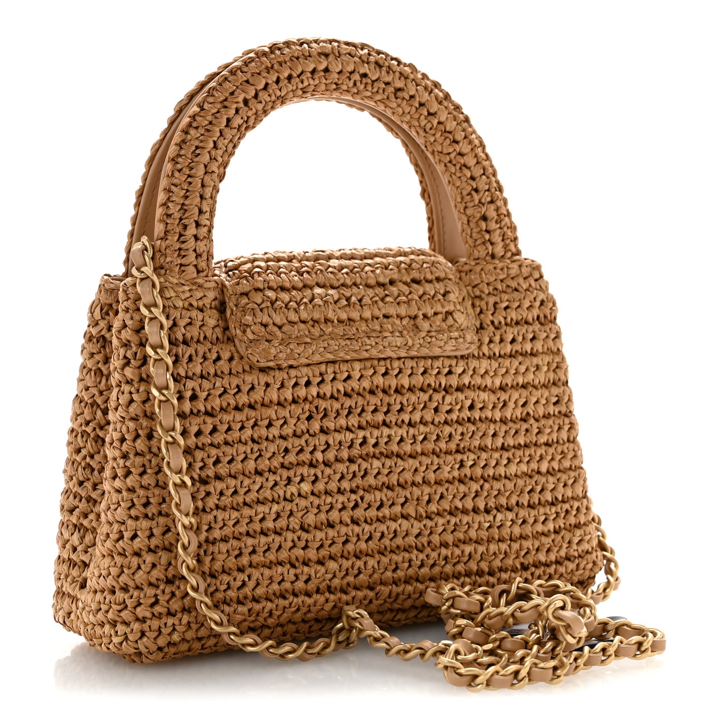 Braided Raffia Nano Kelly Flap Bag Dark Beige