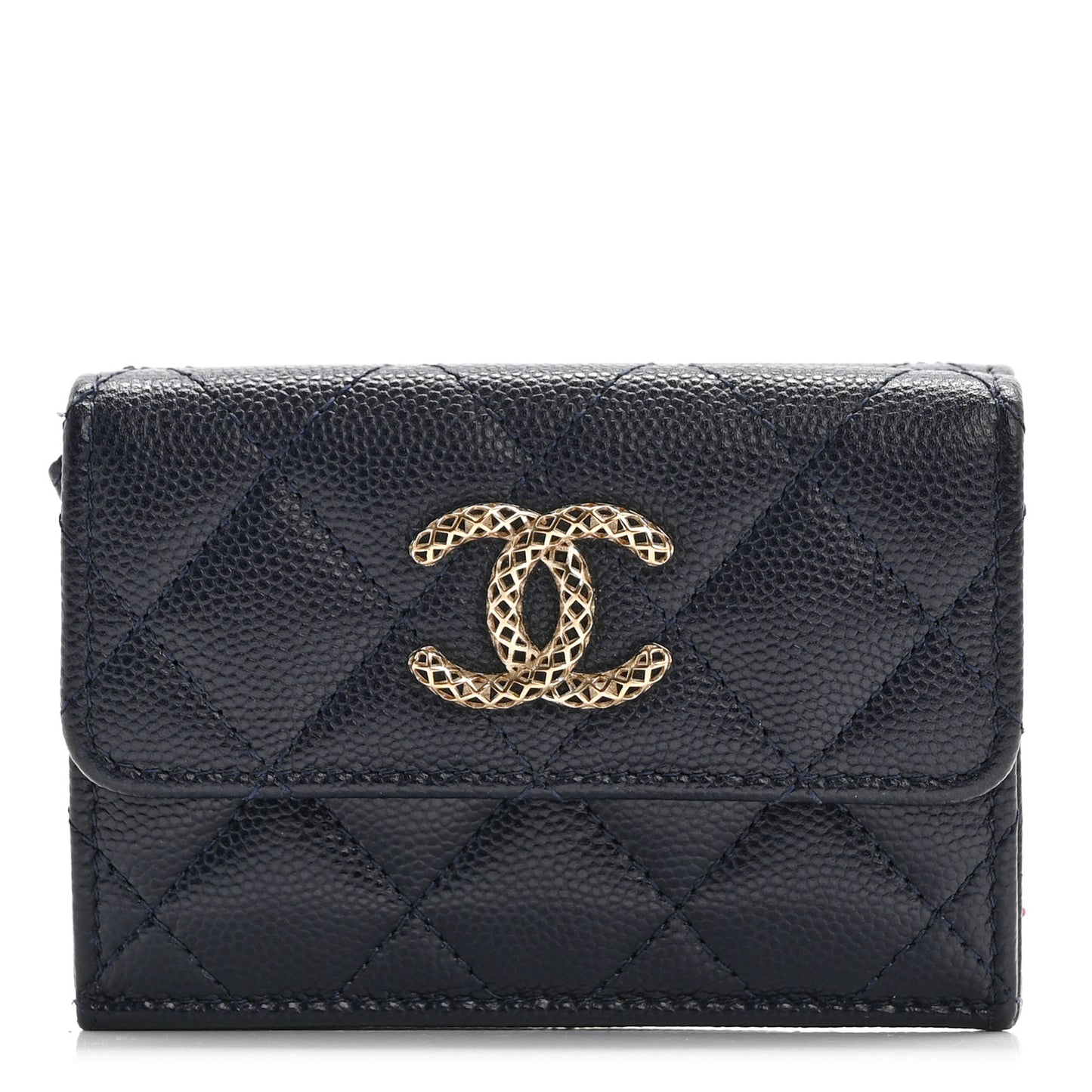 Caviar Metal Perforated Quilted Small CC Flap Wallet Navy