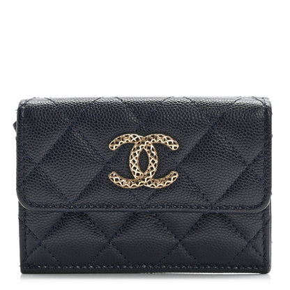 Chanel Caviar Metal Perforated Quilted Small CC Flap Wallet Navy 1 of 14