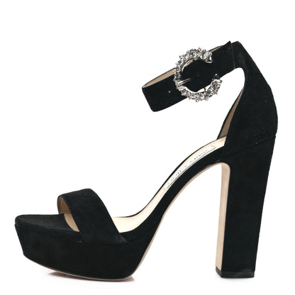Jimmy Choo Suede Crystal Buckle Mionne 120 Sandals 38.5 Black 1 of 8