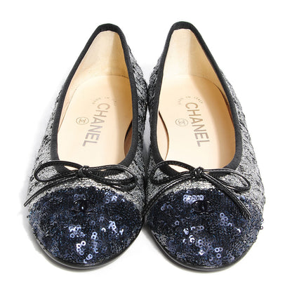 Chanel Tweed Sequin Cap Toe Ballerina Flats 35 Black Blue 2 of 7