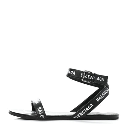 Balenciaga Calfskin Allover Logo Flat Sandals 38 Black White 1 of 9
