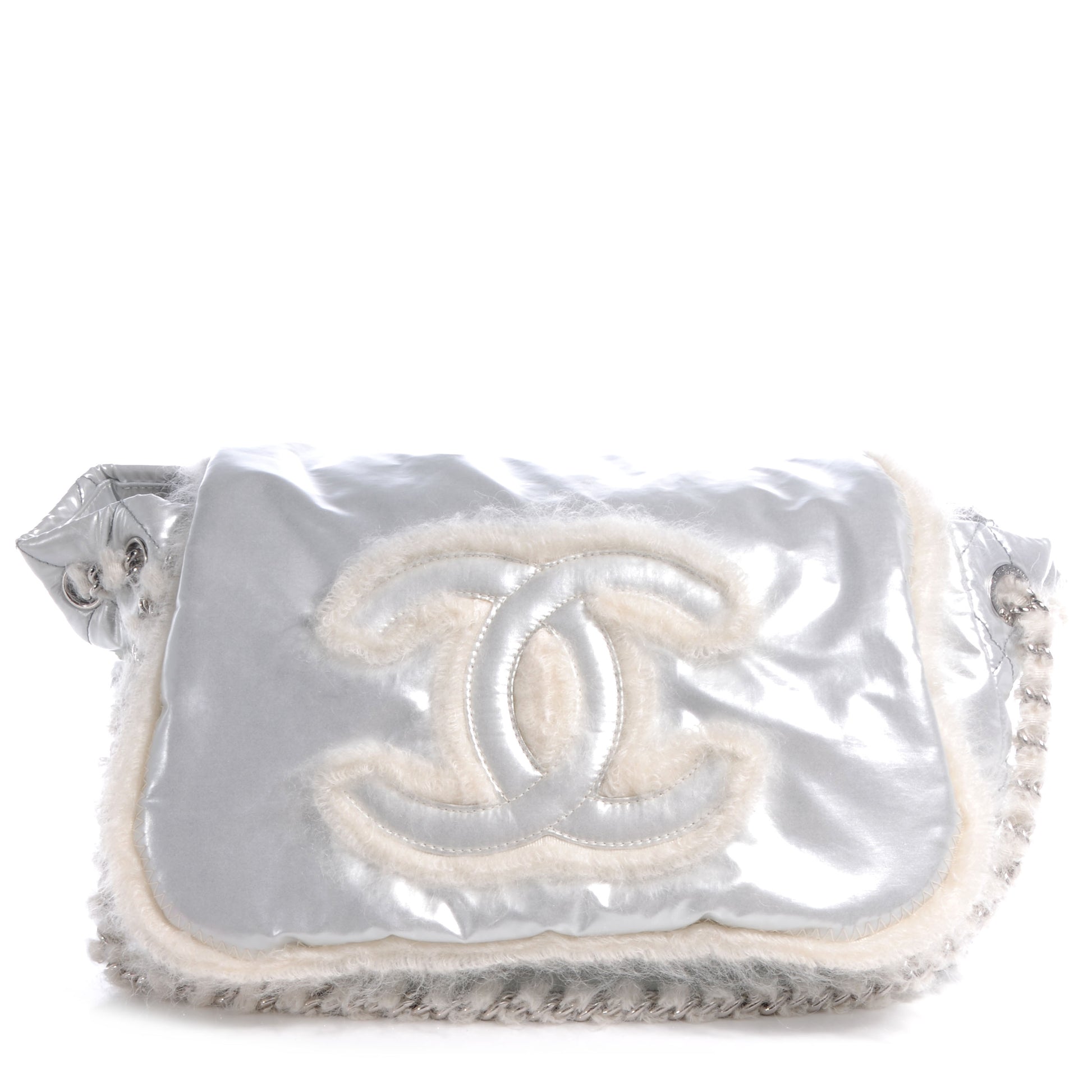 Chanel Vinyl Mohair Trimmed Accordion Arctic Polar Ice Flap Silver 1 of 7