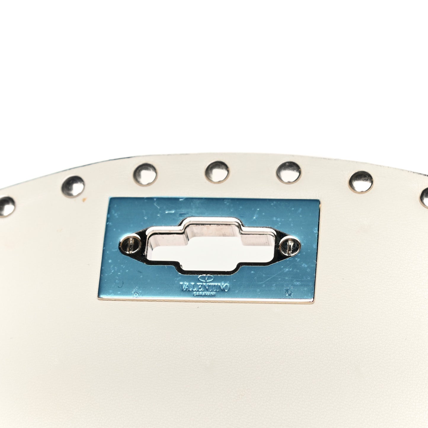 Nappa Denim Medium Rockstud Spike Halfmoon Saddle Bag Ivory Blue