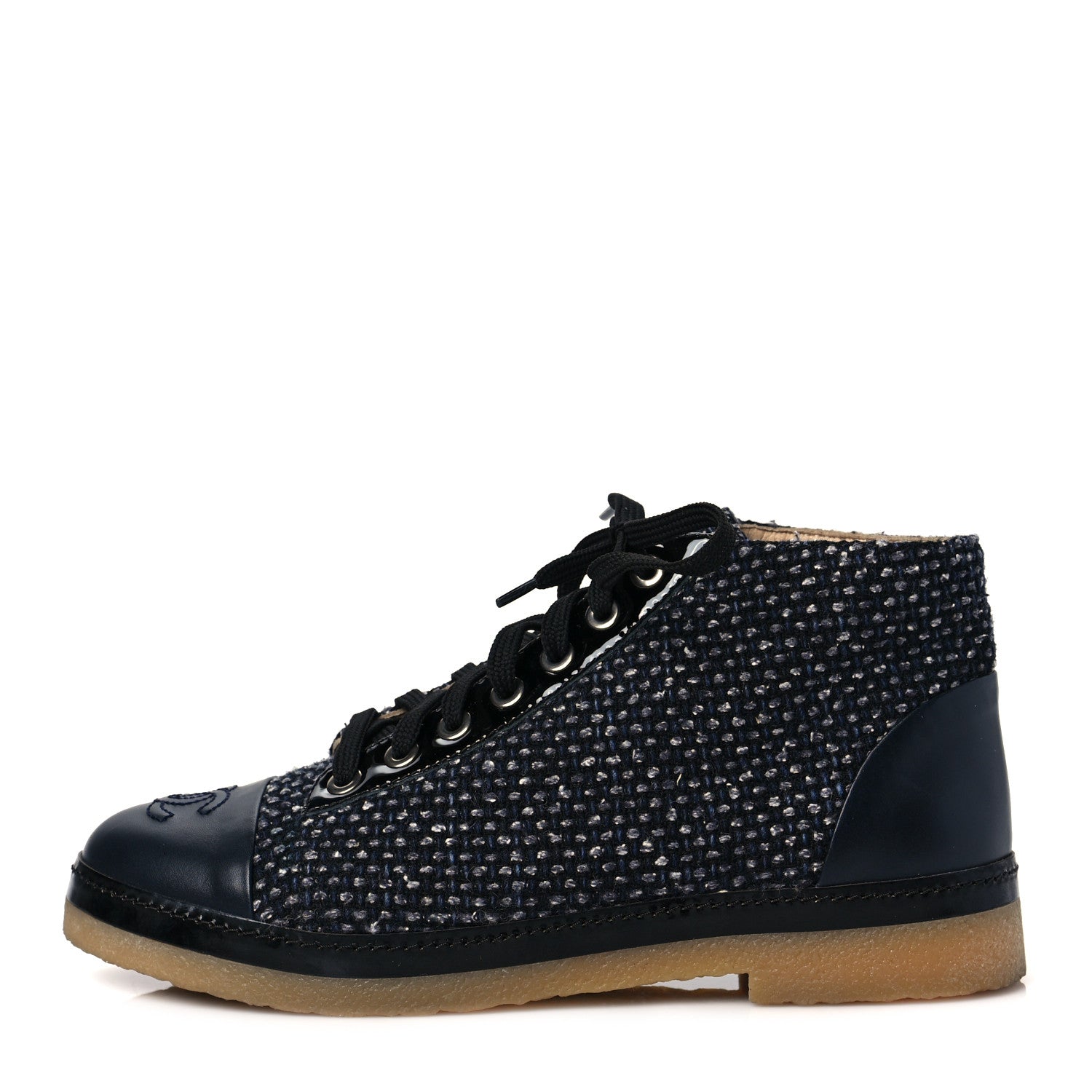 Chanel Tweed Calfskin Patent CC Lace Up Short Boots 36.5 Black Grey Dark Navy 1 of 7