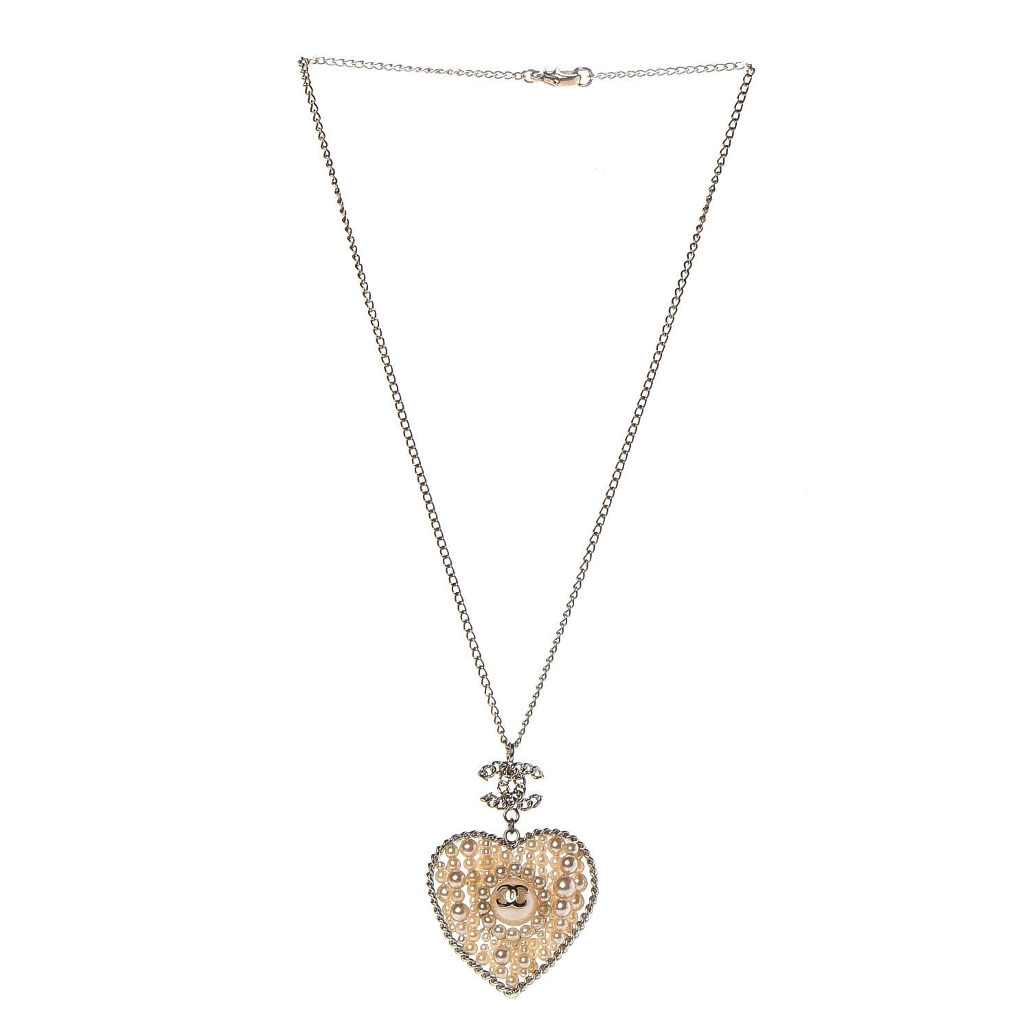 Chanel Pearl CC Chain Heart Medallion Necklace Light Gold 3 of 7