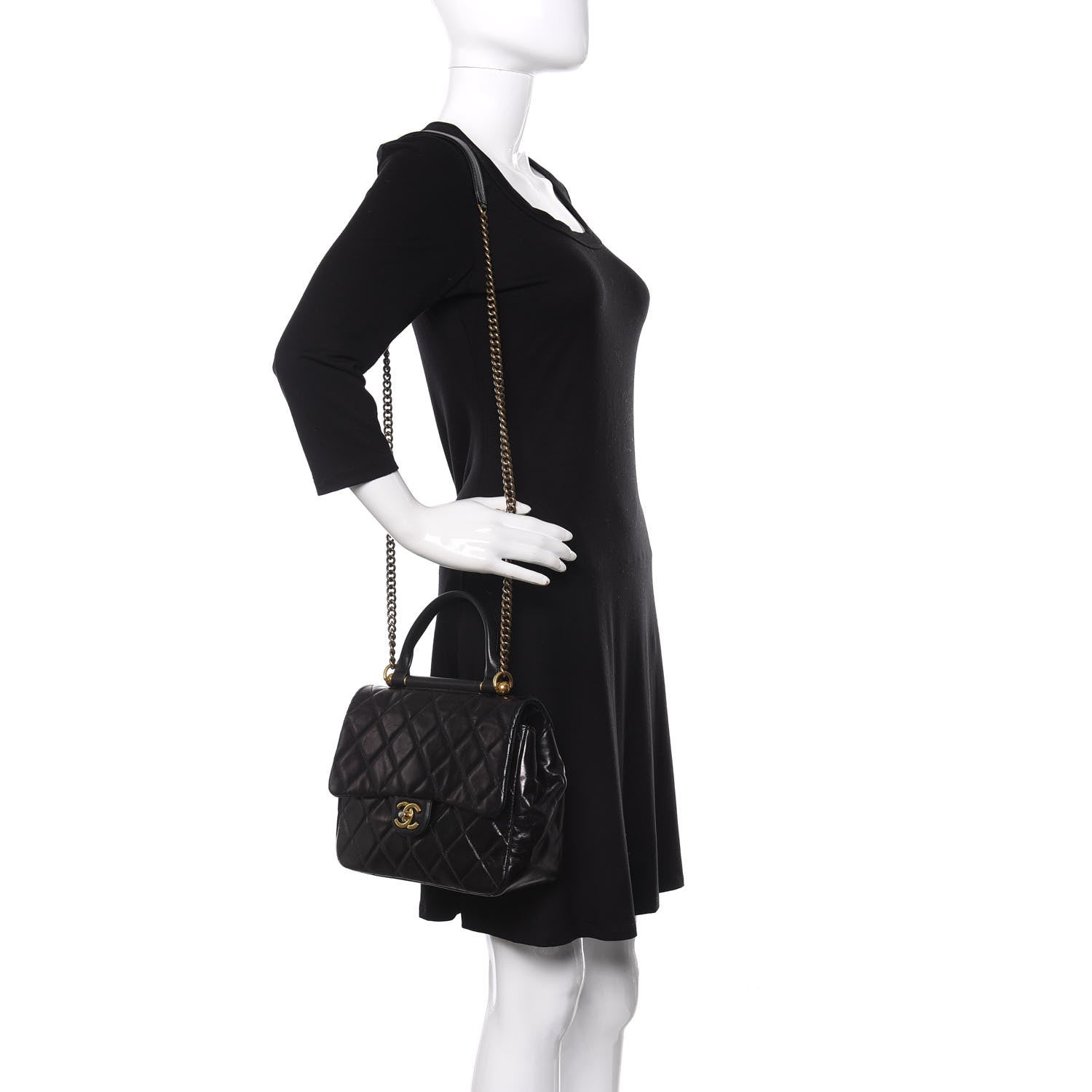 Chanel Glazed Calfskin Quilted Medium Gold Bar Top Handle Flap Black 2 of 12