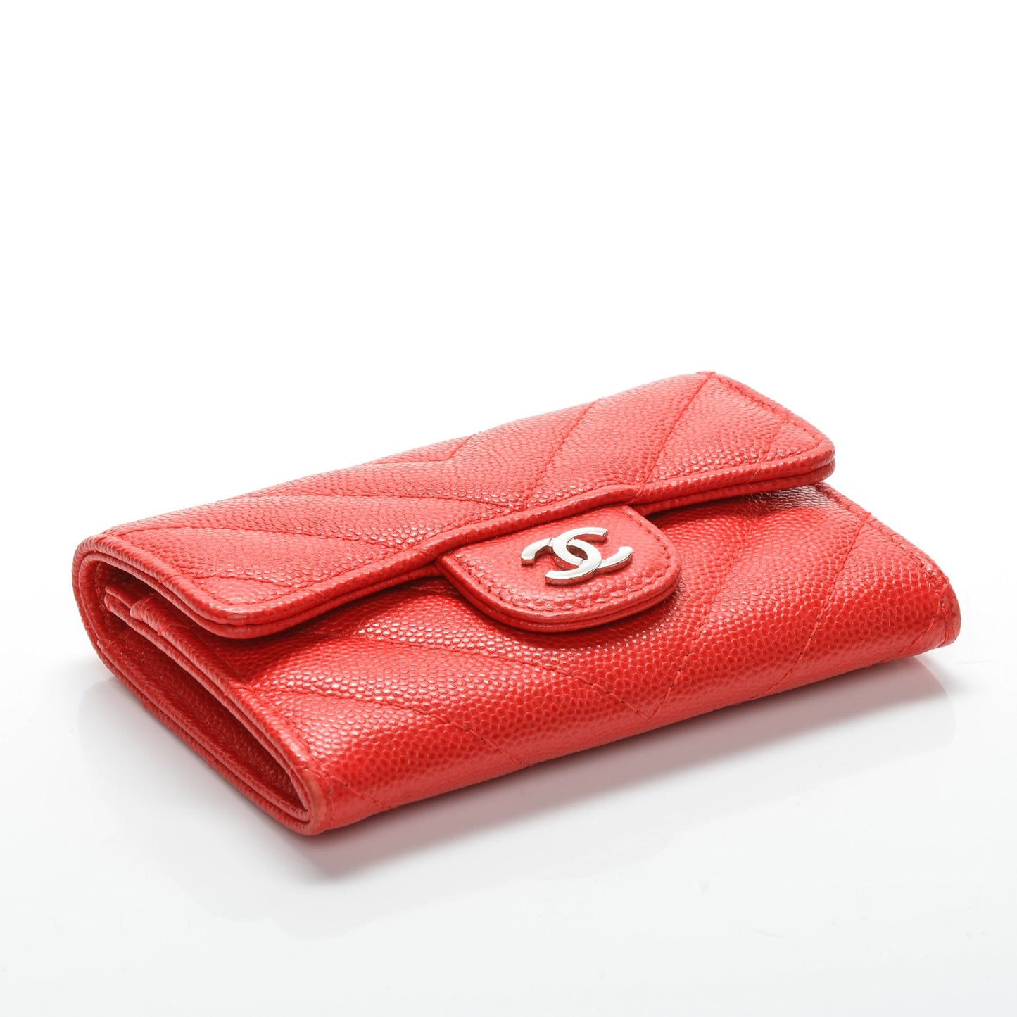 Caviar Chevron Quilted Card Holder Wallet Red