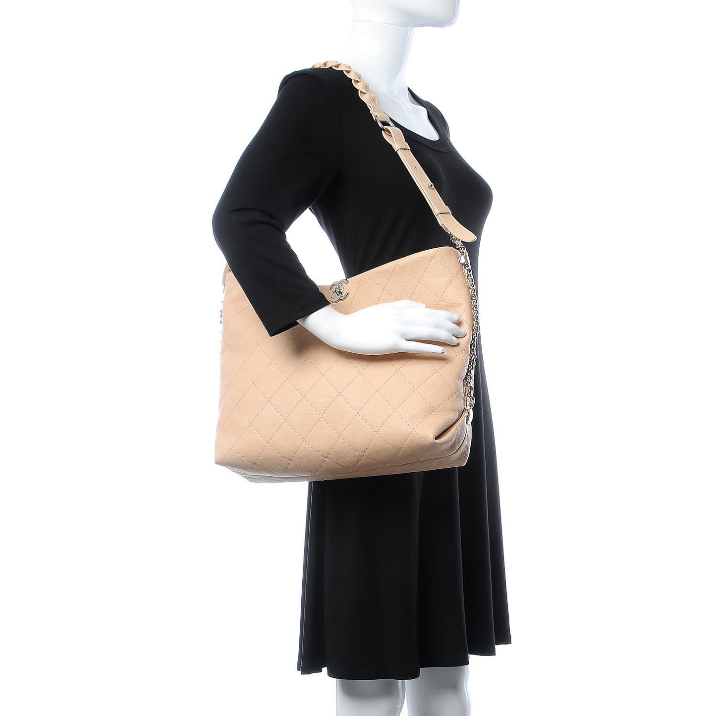 Grained Calfskin Stitched Medium Braided With Style Hobo Beige