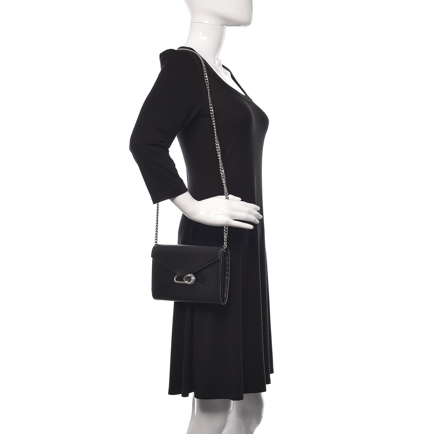 Calfskin Crystal Pin Envelope Wallet On Chain Black