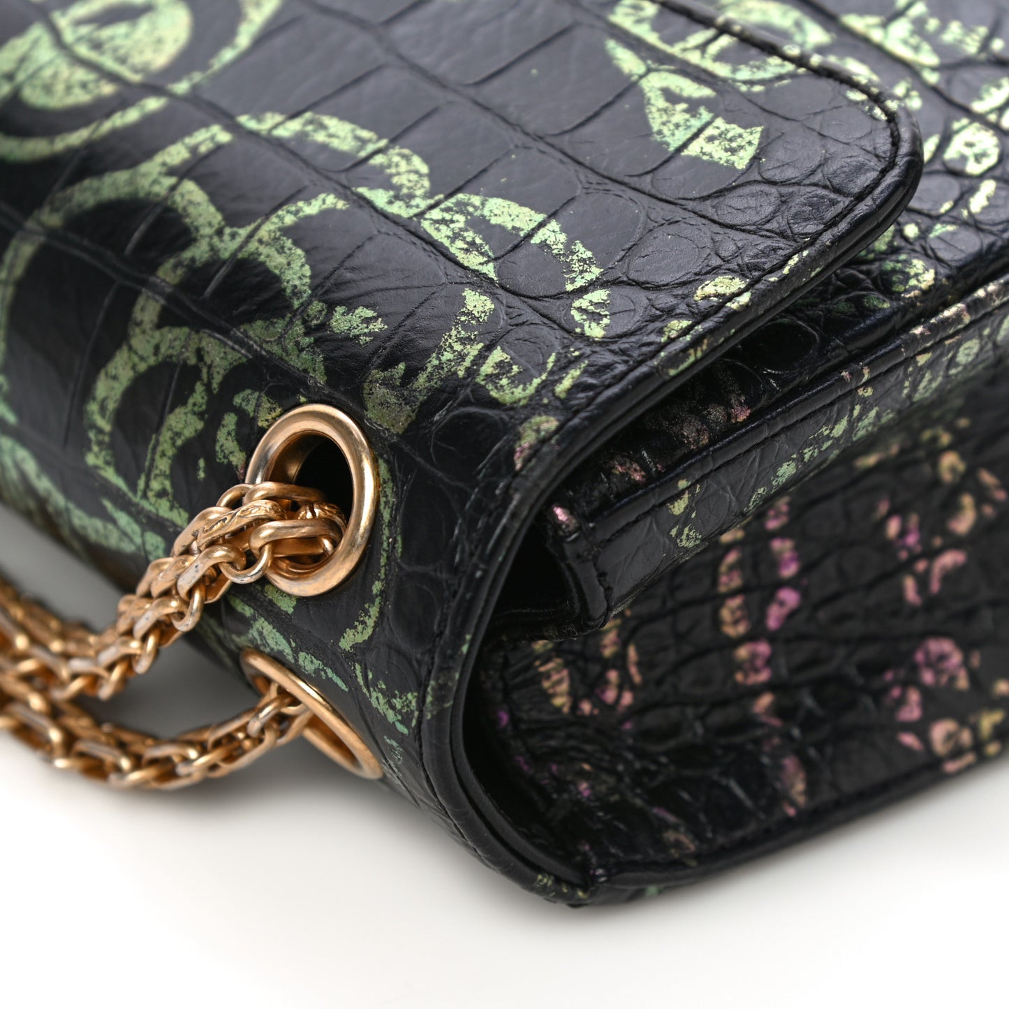 Calfskin Crocodile Embossed Graffiti 2.55 Mini Cocodile Reissue Flap Black Pink