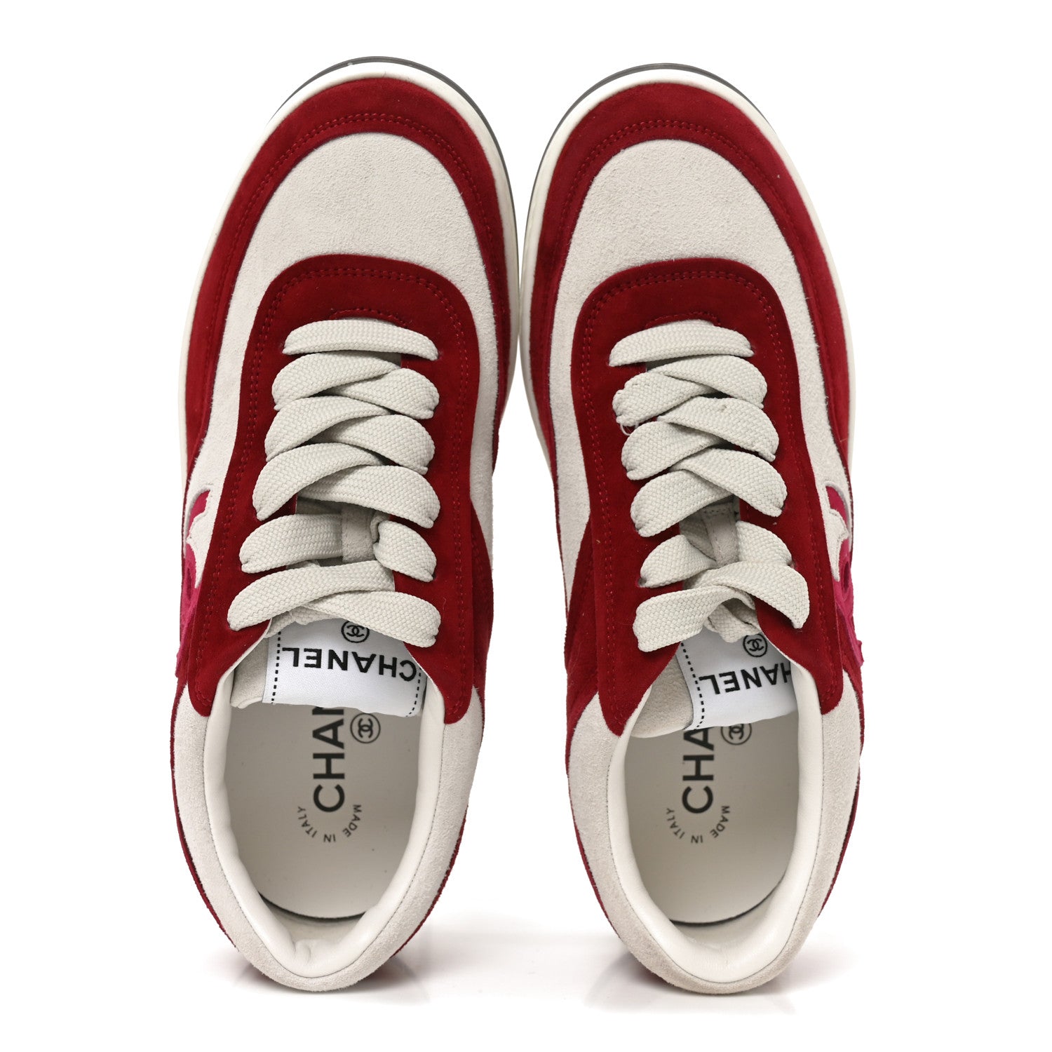 Chanel Suede Kidskin Womens CC Sneakers 38.5 Burgundy White 2 of 9