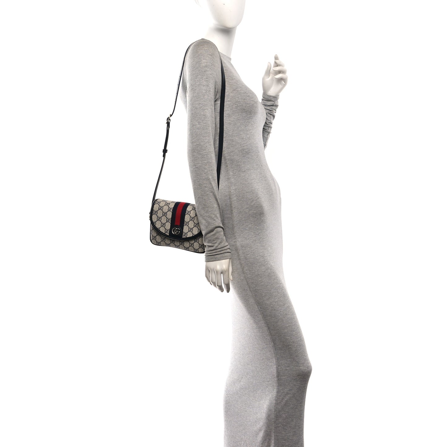 GG Supreme Monogram Textured Dollar Calfskin Mini Ophidia Flap Shoulder Bag Beige Blue