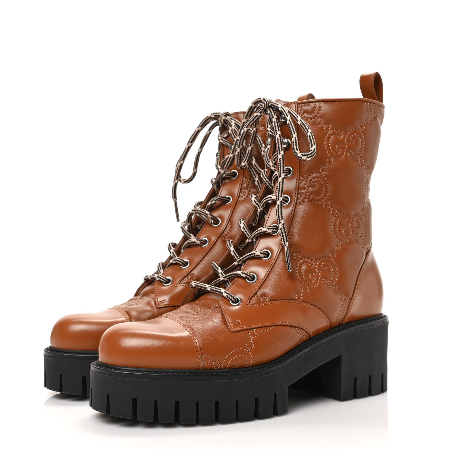 Gucci Cordovan Lux Nappa GG Matelasse Lace Up 60mm Combat Boots 37.5 Dark Hazel Brown 3 of 6