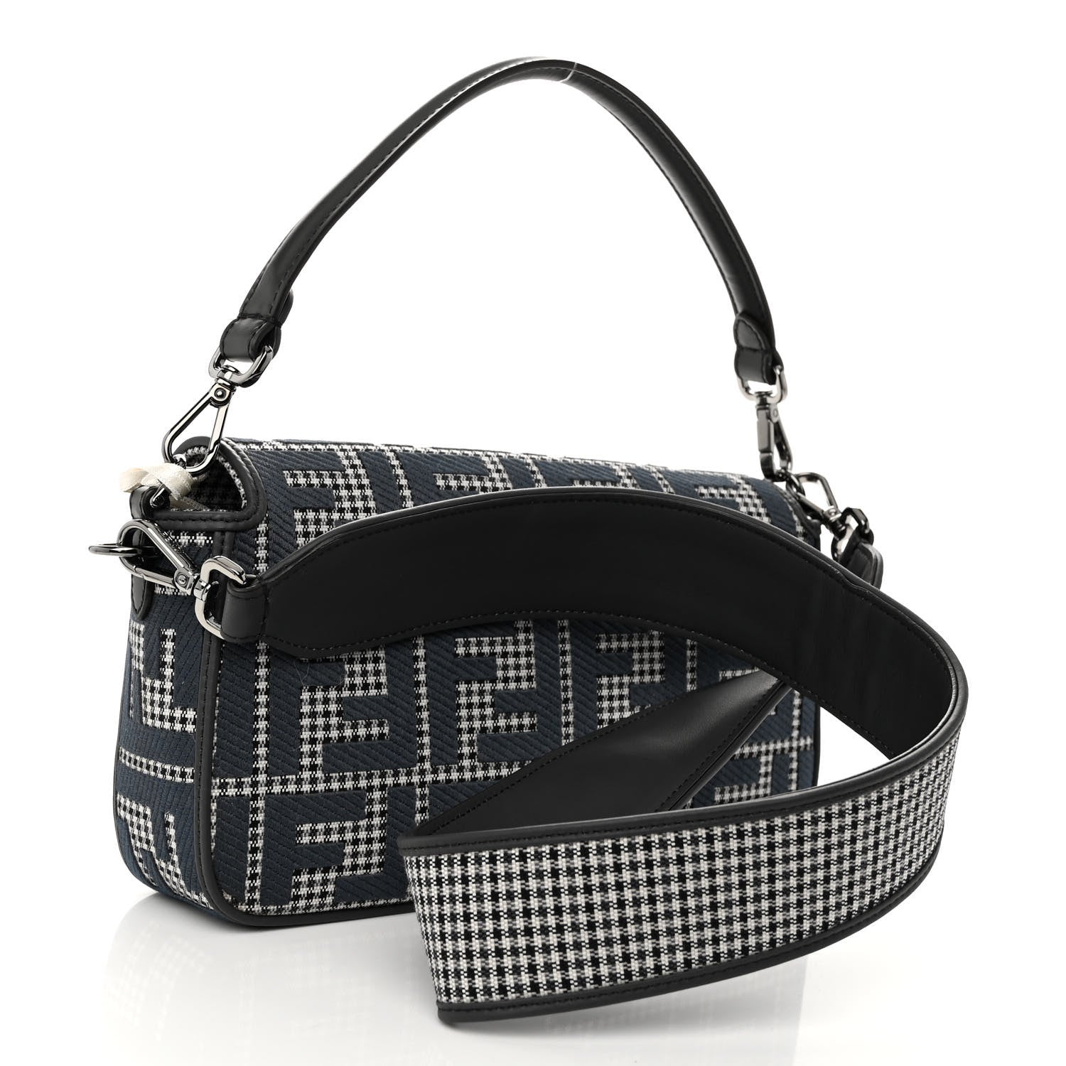 Fendi Wool Vitello King Houndstooth FF Embroidered Baguette Grigio Anthracite 3 of 9