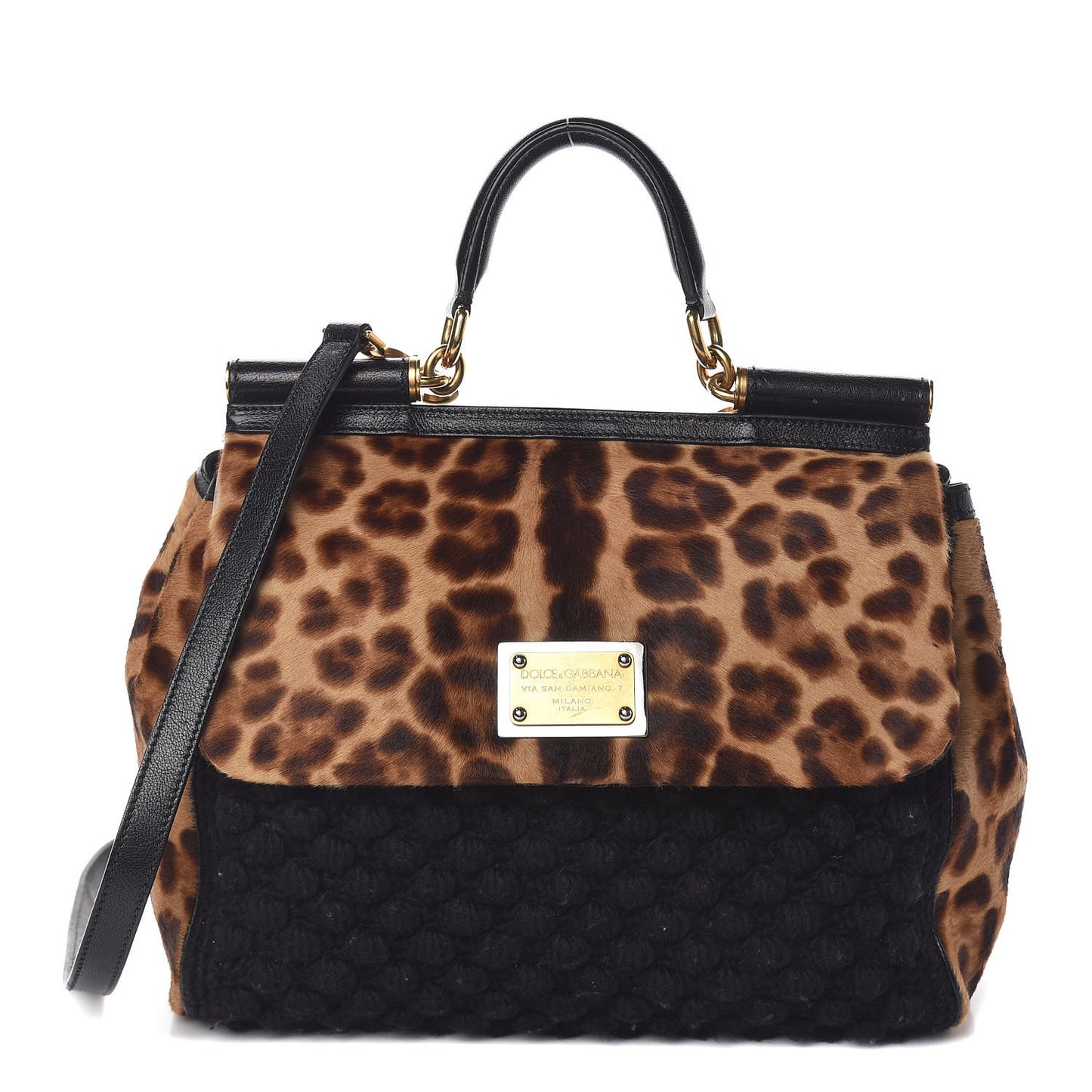 Calf Hair Leopard Print Knit Miss Sicily Satchel Black Naturale