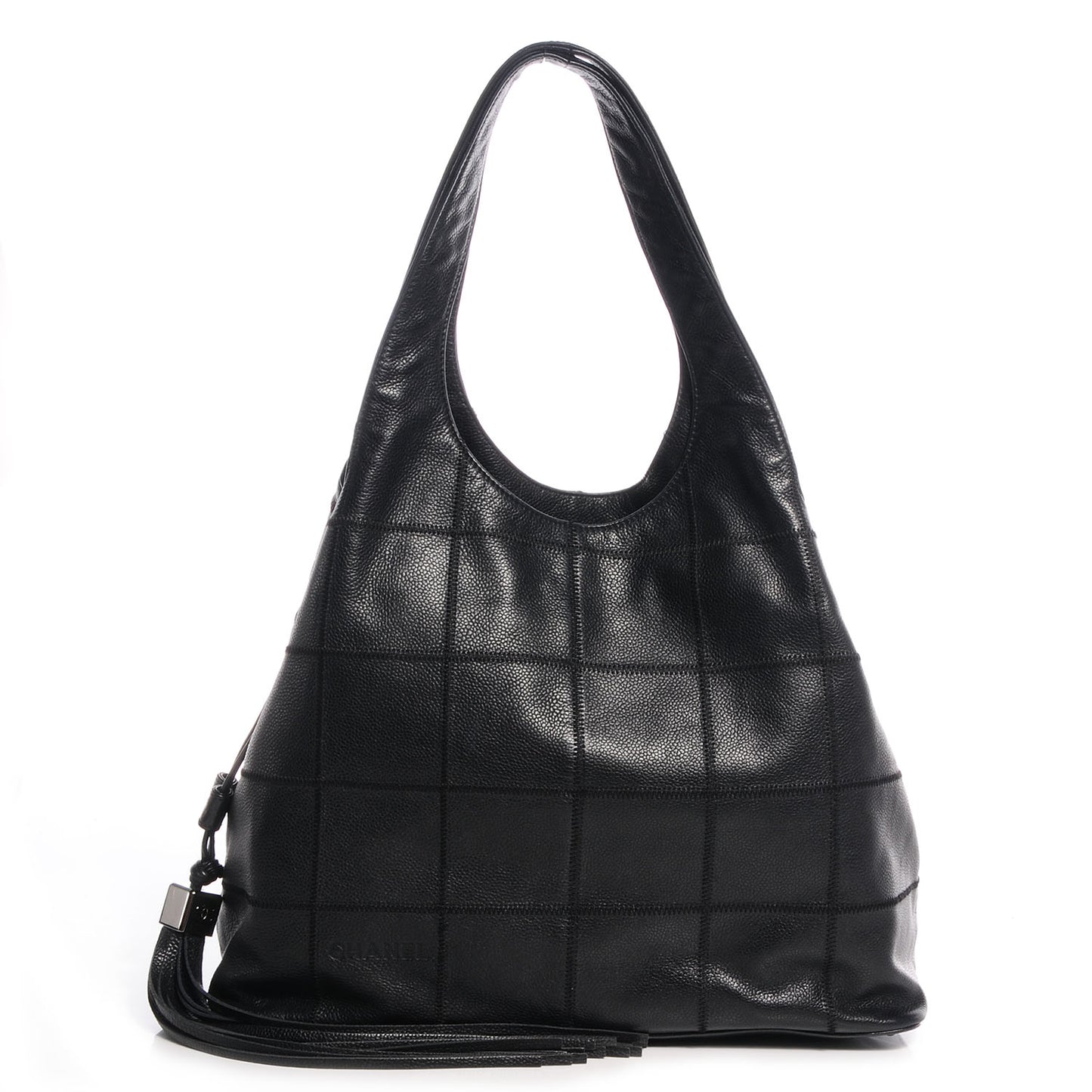 Square Stitched Large Tassel Hobo Black