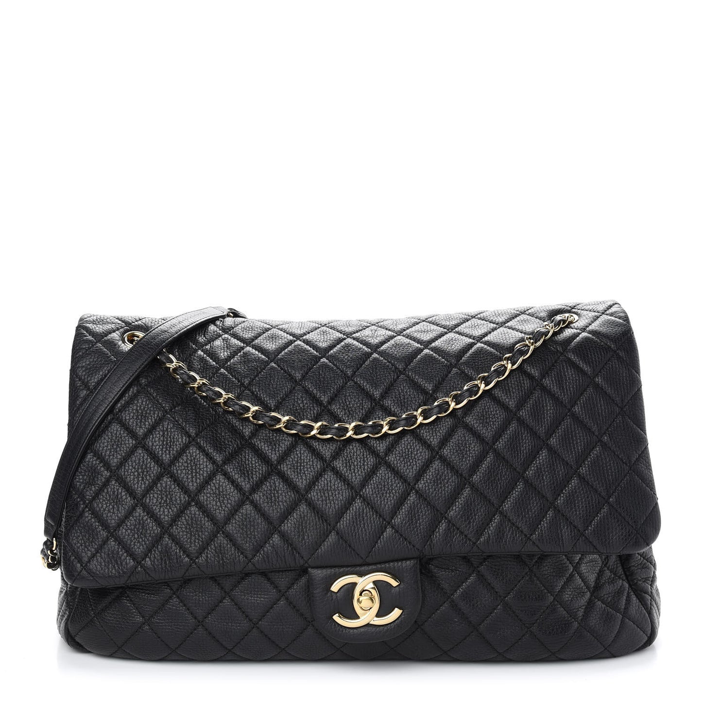 Calfskin Quilted XXL Travel Flap Bag Black