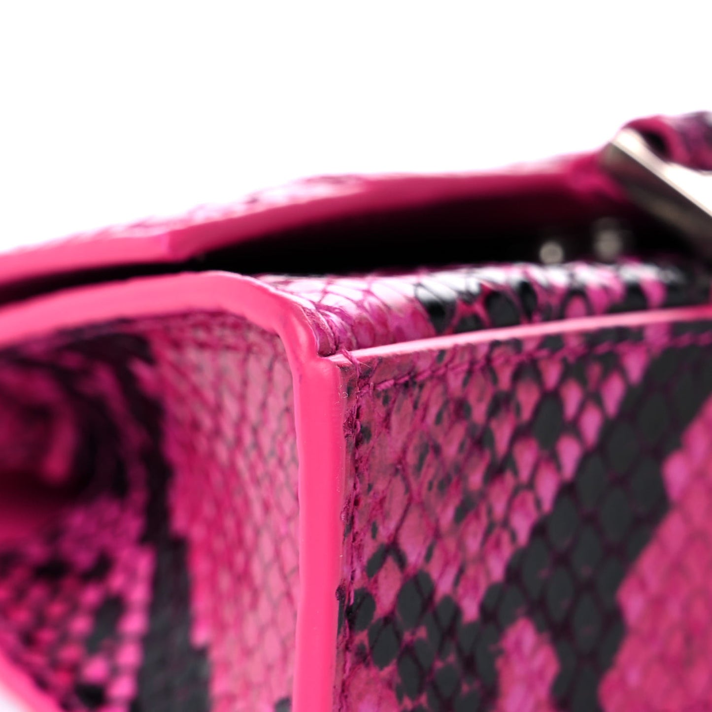 Shiny Calfskin Python Effect Hourglass Top Handle Bag Mini Fuchsia Black
