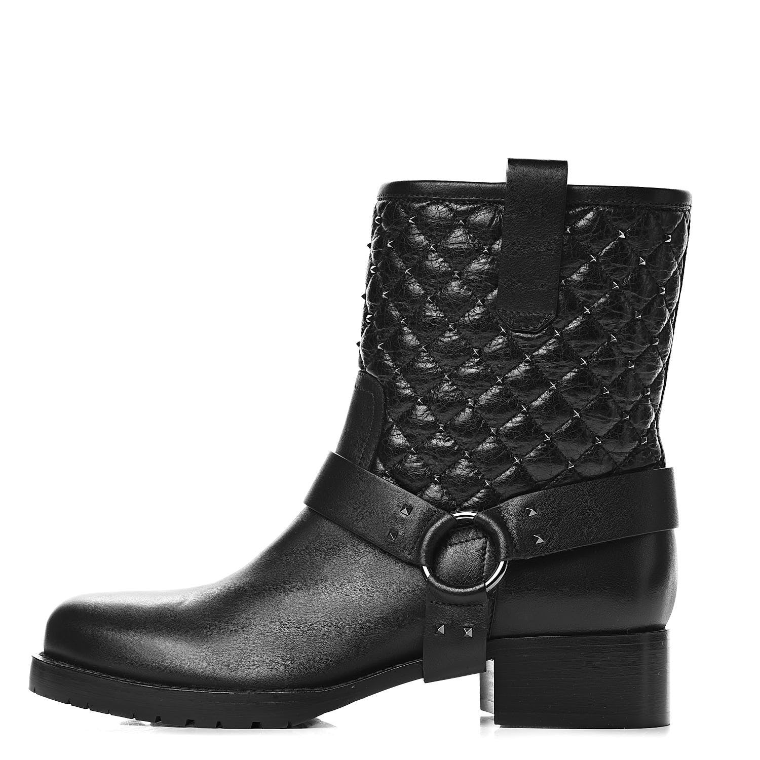 Valentino Garavani Calfskin Crackled Lambskin Rockstud Spike 20mm Biker Boots 37.5 Black 1 of 11