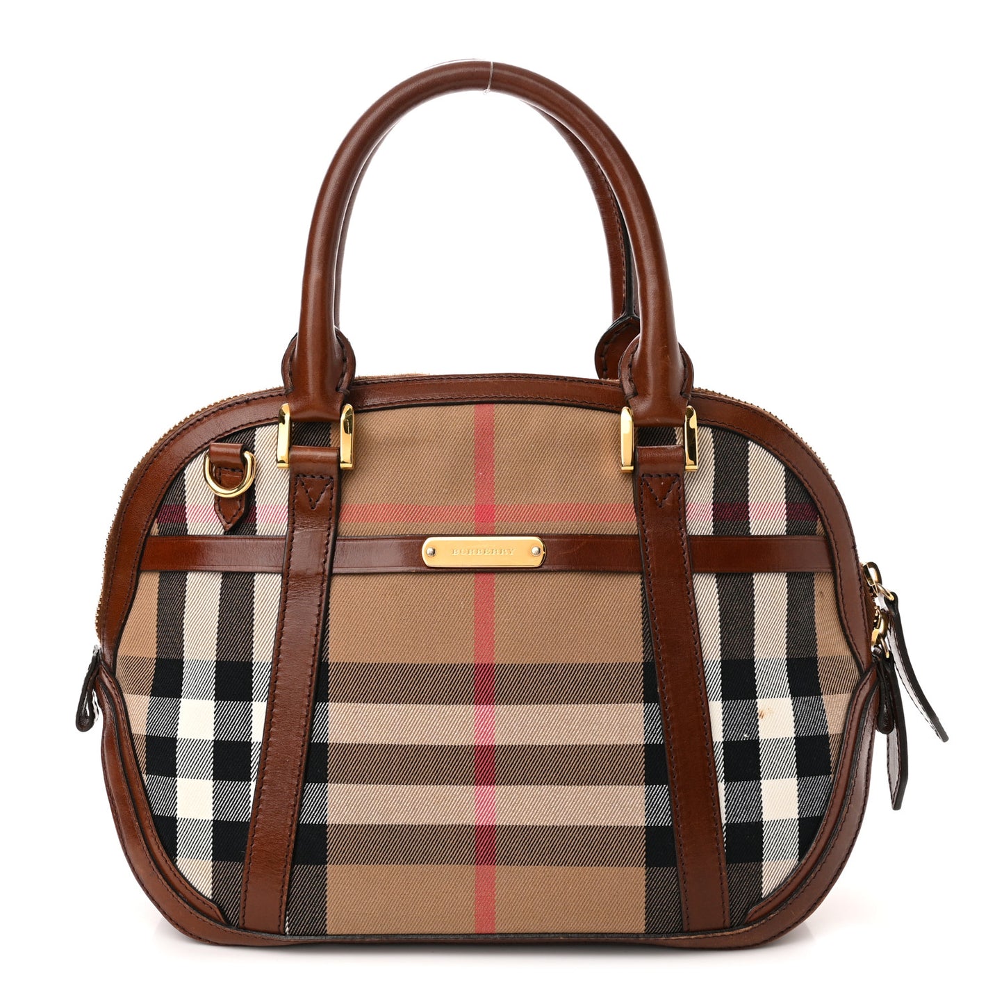Bridle Calfskin House Check Small Orchard Bowling Bag Dark Tan