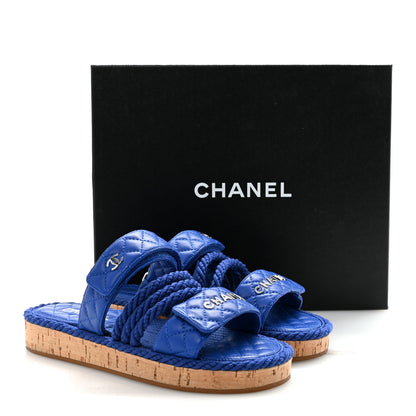 Chanel Cord Lambskin Quilted Logo Sandals 38 Blue 19 of 20