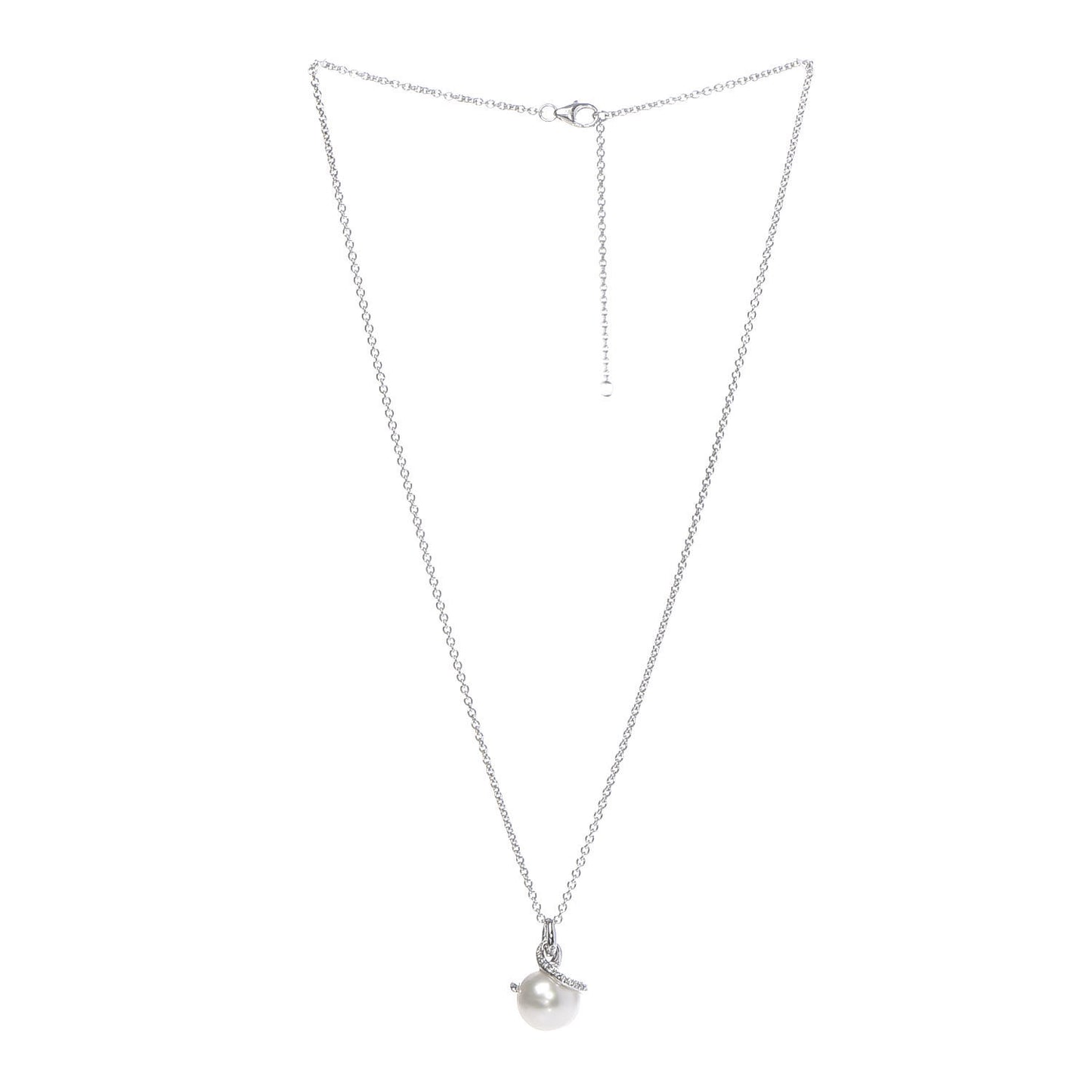 18K White Gold Diamond White South Sea Pearl 11mm Twist Pendant Necklace