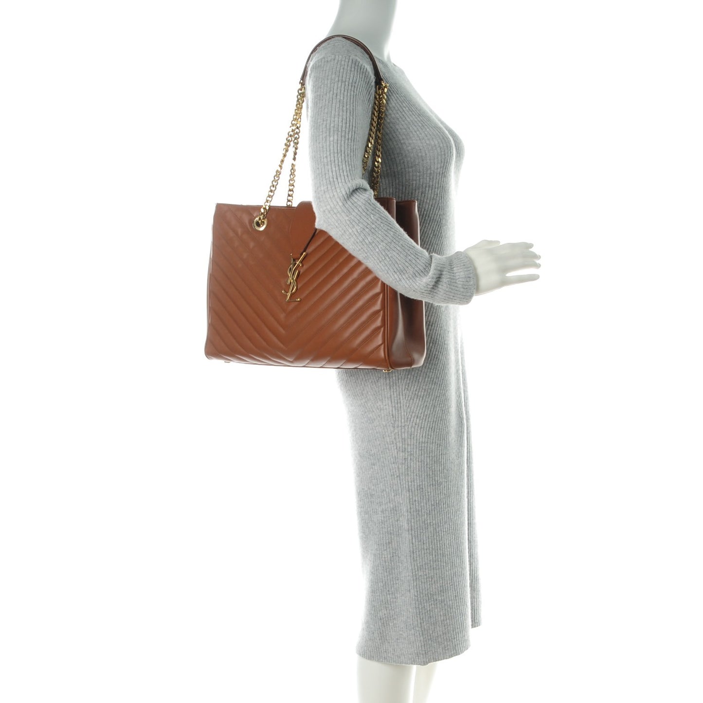 Smooth Calfskin Matelasse Chevron Large Monogram Shopping Bag Brown