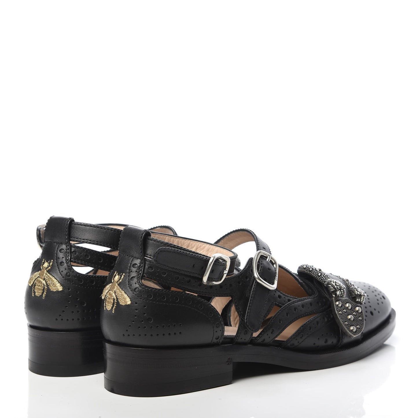 Calfskin Bee Embroidered Womens Queercore Brogue Wingtip Monk Strap Loafers 38 Black