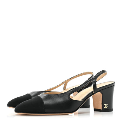 Chanel Goatskin Grosgrain Cap Toe CC Slingback Pumps 35.5 Black 3 of 9