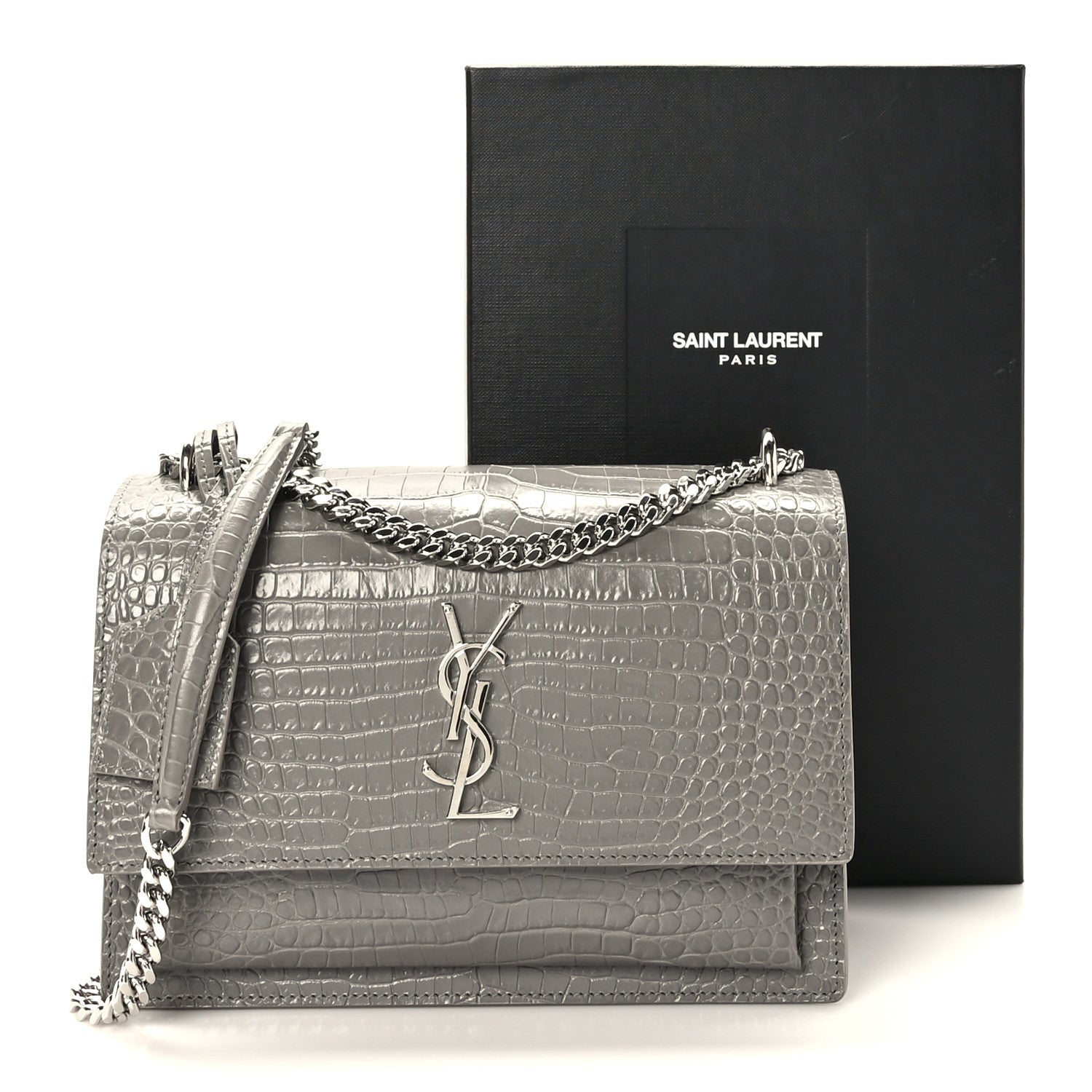 Saint Laurent Calfskin Crocodile Embossed Medium Monogram Sunset Fog 10 of 10