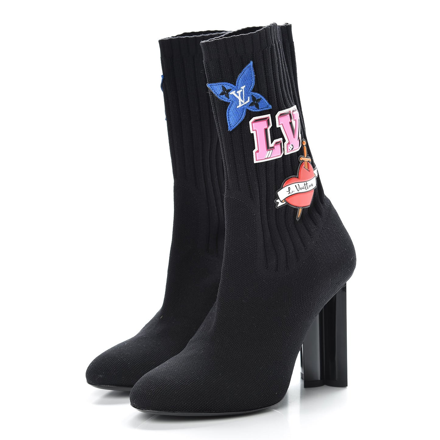 Stretch Fabric LV Black Heart Sock Ankle Boots 39 Black