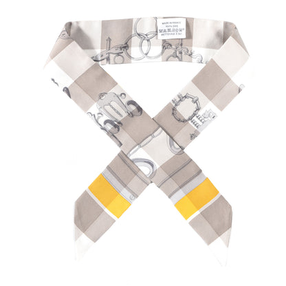 Hermes Silk Mors Et Gourmettes Vichy Twilly Etoupe Jaune Vif White 1 of 4