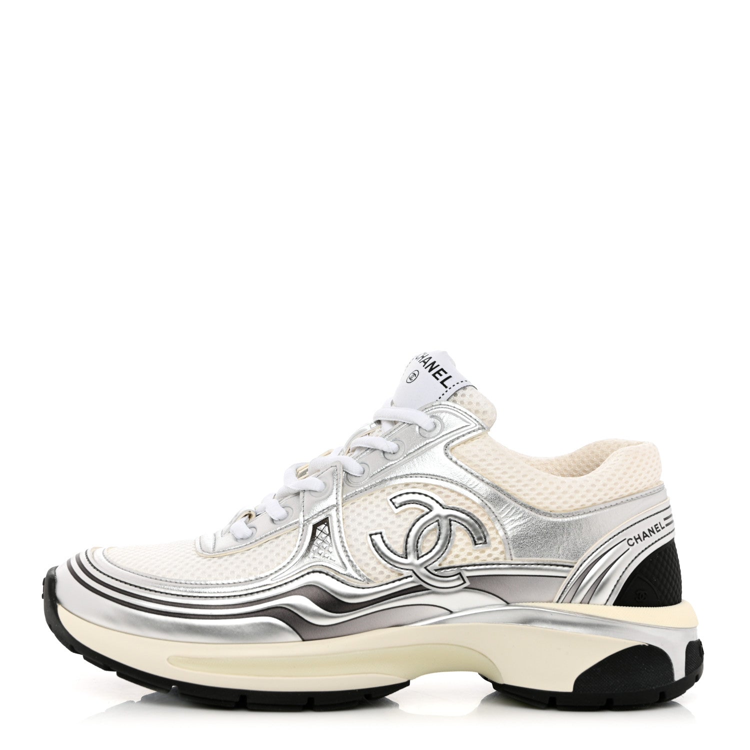 Chanel Fabric Laminated Calfskin Stretch CC Sneakers 38 White Silver 1 of 11