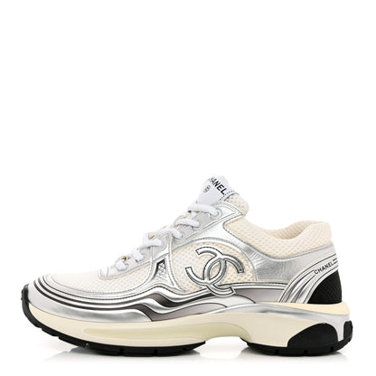 Chanel Fabric Laminated Calfskin Stretch CC Sneakers 38 White Silver 1 of 11