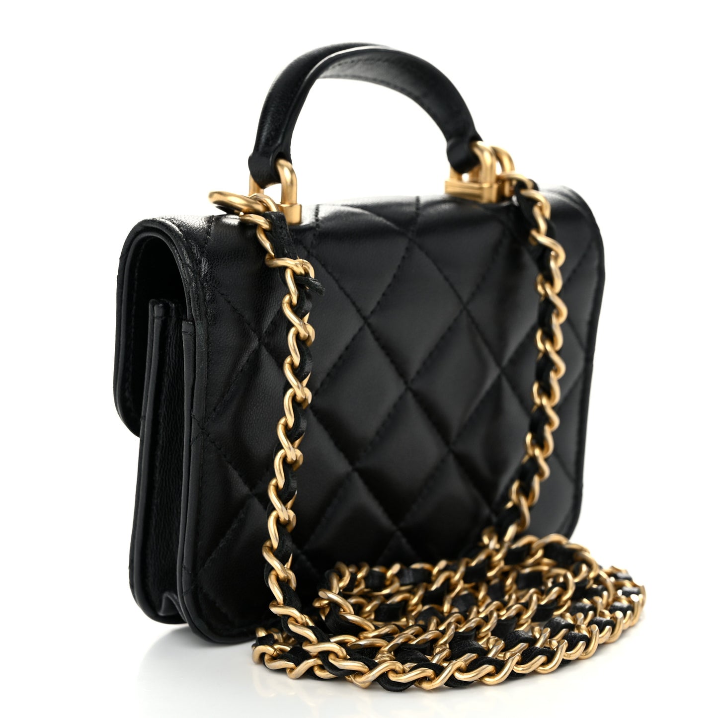 Lambskin Quilted Top Handle Flap Coin Purse With Chain Black