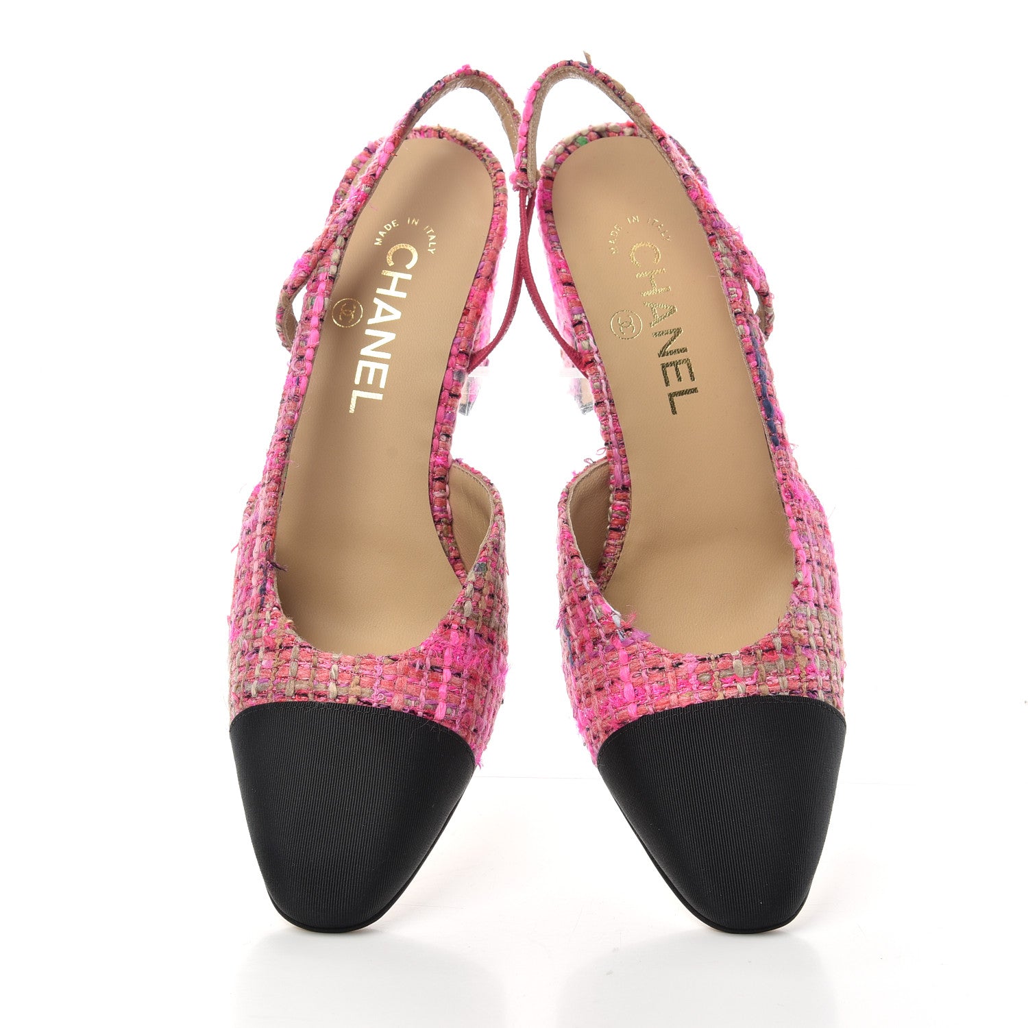 Chanel Tweed Grosgrain Cap Toe CC Slingback Pumps 39 Pink Black 5 of 11