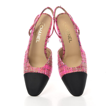 Chanel Tweed Grosgrain Cap Toe CC Slingback Pumps 39 Pink Black 5 of 11