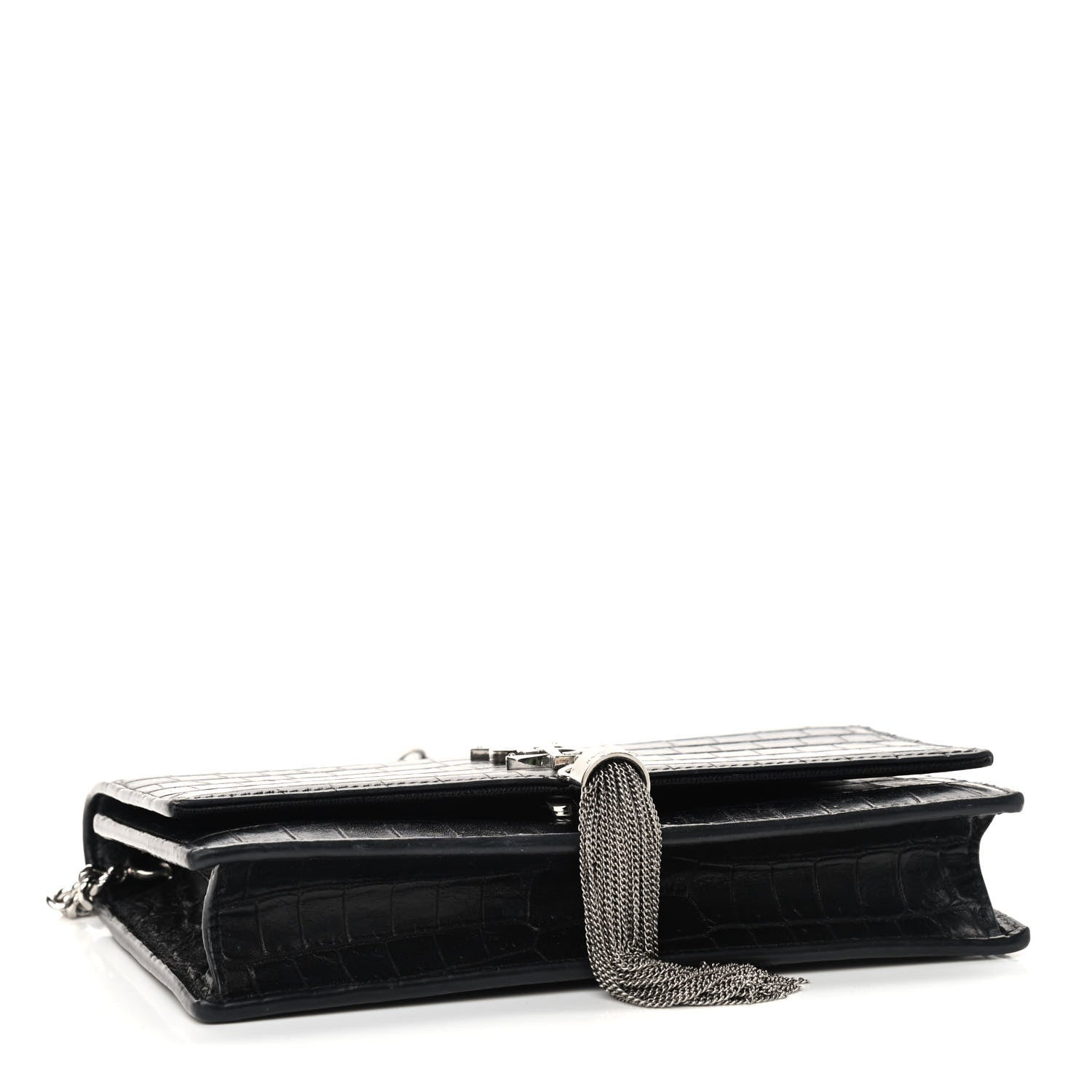Saint Laurent Calfskin Crocodile Embossed Kate Monogram Tassel Chain Wallet Black 4 of 9