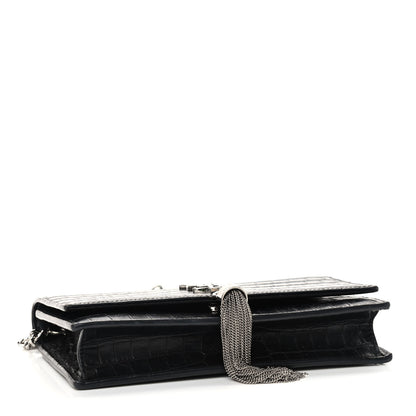 Saint Laurent Calfskin Crocodile Embossed Kate Monogram Tassel Chain Wallet Black 4 of 9