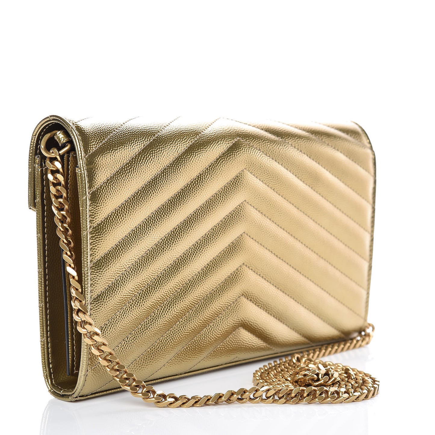 Iridescent Grain De Poudre Matelasse Chevron Monogram Chain Wallet Antic Gold