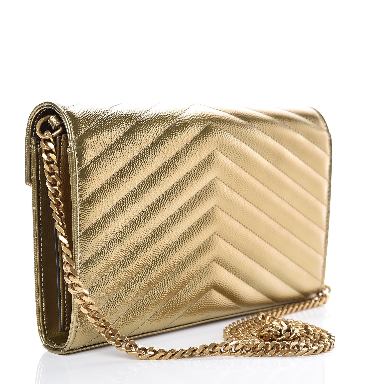 Saint Laurent Iridescent Grain De Poudre Matelasse Chevron Monogram Chain Wallet Antic Gold 3 of 9