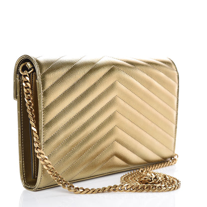 Saint Laurent Iridescent Grain De Poudre Matelasse Chevron Monogram Chain Wallet Antic Gold 3 of 9