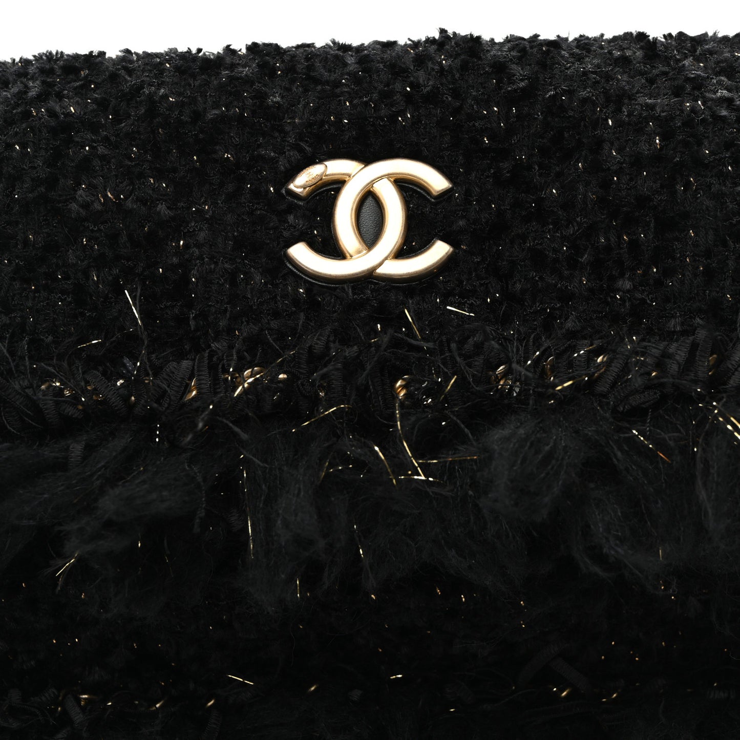 Tweed Fringe Quilted Chain Around Flap Clutch Black Gold