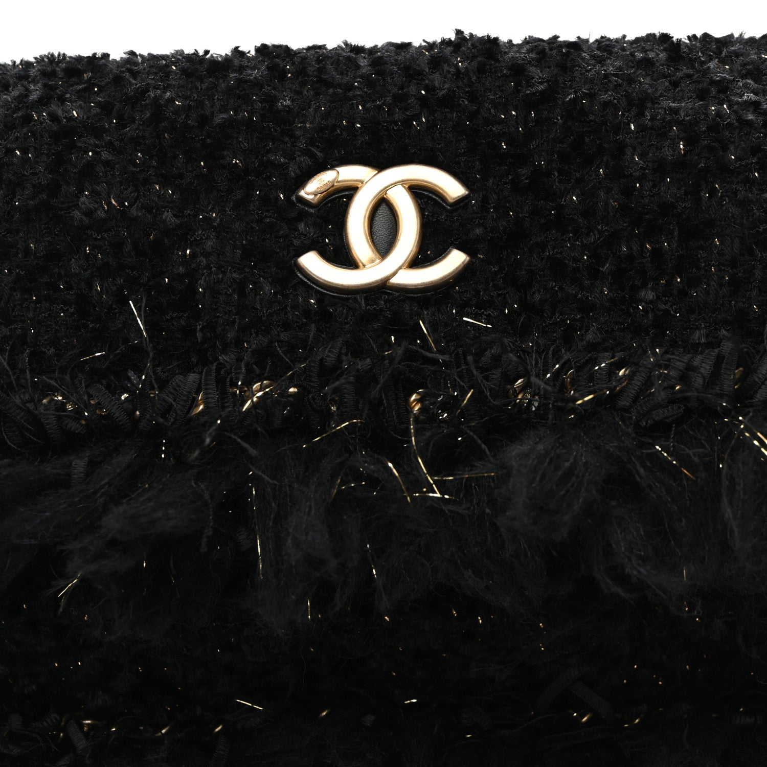 Chanel Tweed Fringe Quilted Chain Around Flap Clutch Black Gold 8 of 10