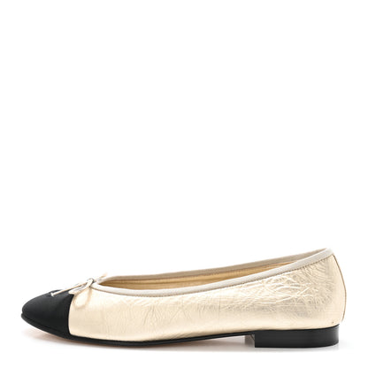 Chanel Metallic Laminated Lambskin Grosgrain CC Cap Toe Ballerina Flats 39 Light Gold Black 1 of 9