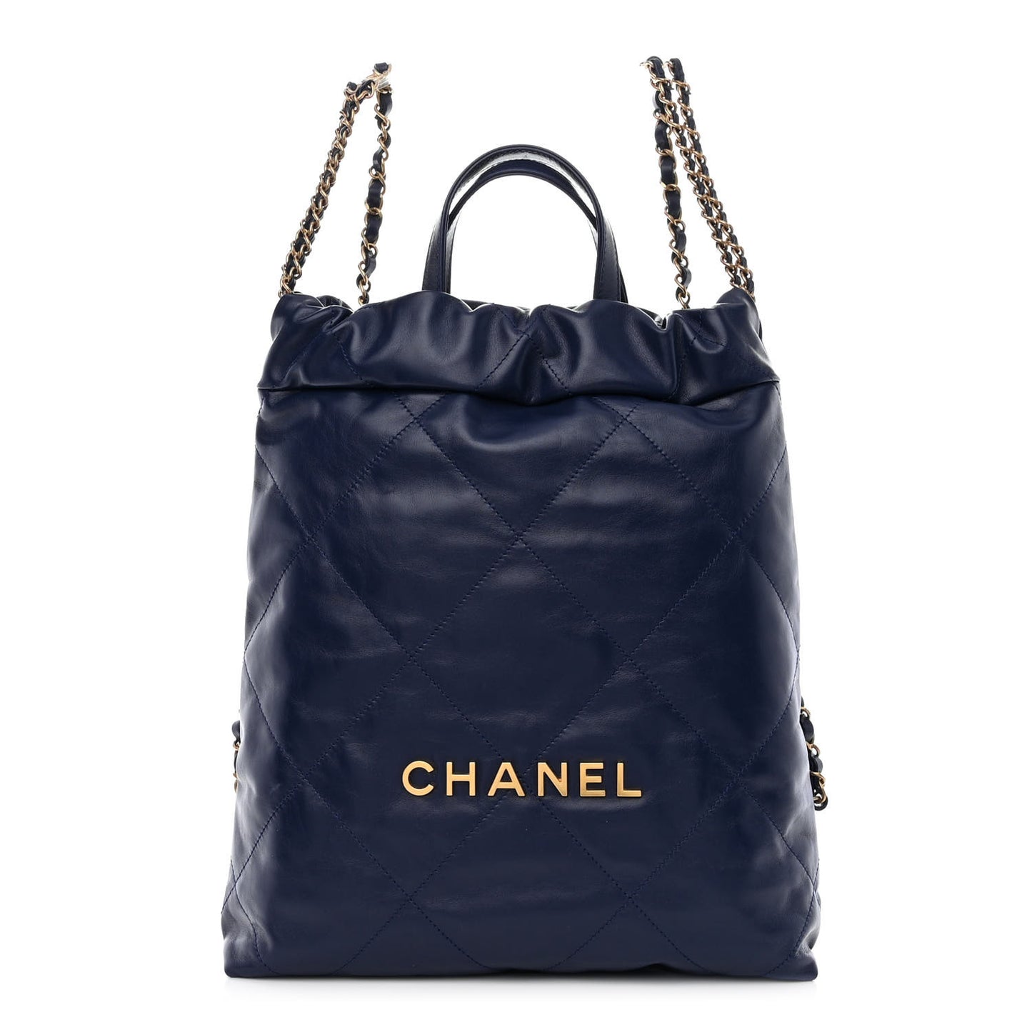 Shiny Calfskin Quilted Chanel 22 Backpack Navy