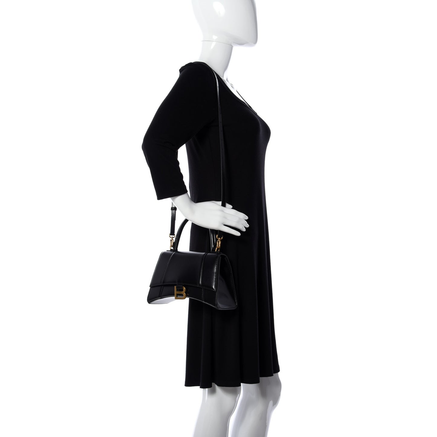 Shiny Box Calfskin Small Hourglass Top Handle Bag Black