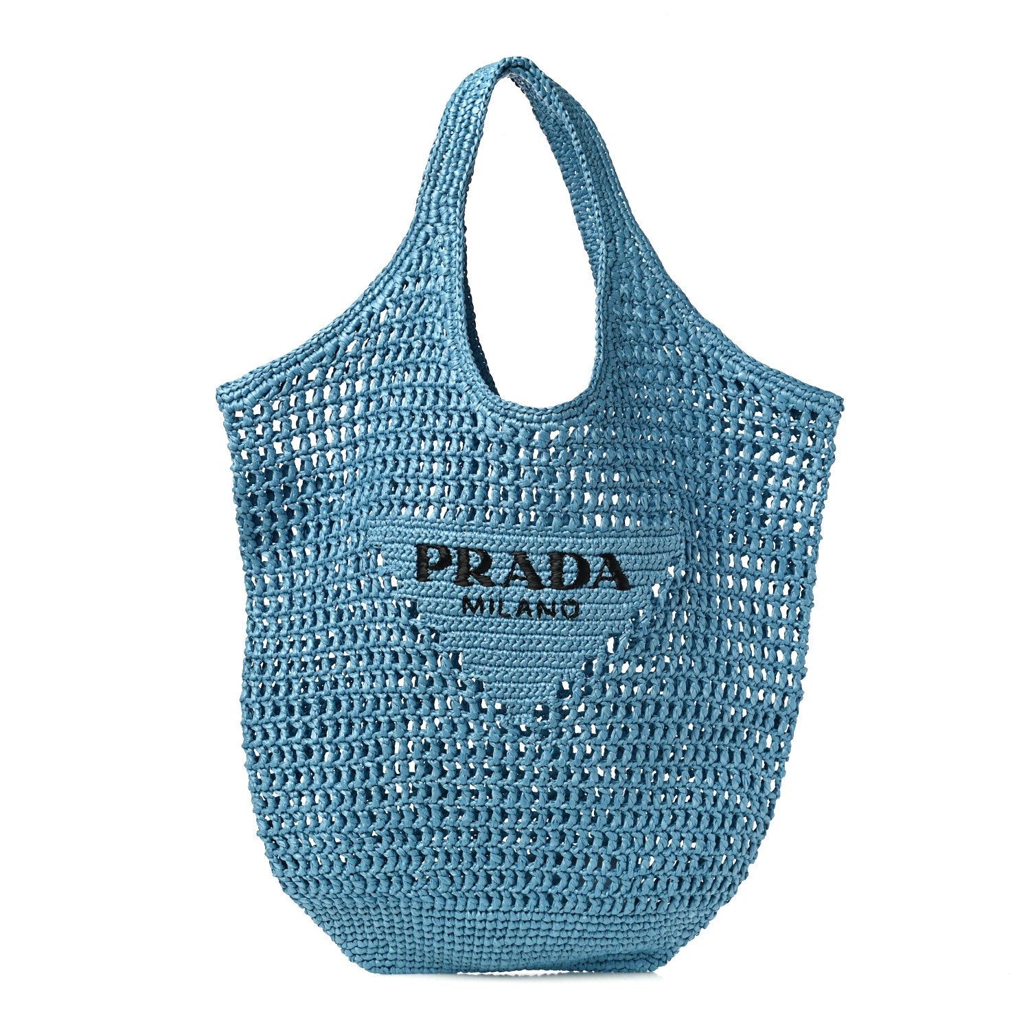 Prada Yarn Raffia Effect Crochet Logo Embroidered Shopping Tote Bag Celeste 1 of 9
