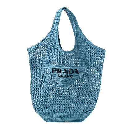 Prada Yarn Raffia Effect Crochet Logo Embroidered Shopping Tote Bag Celeste 1 of 9